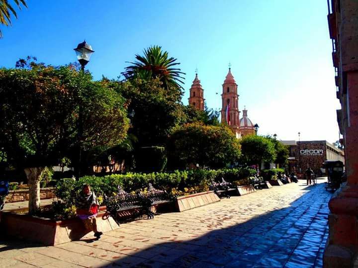 Paseo del Jardín Principal con las torres de la parroquia al fondo
